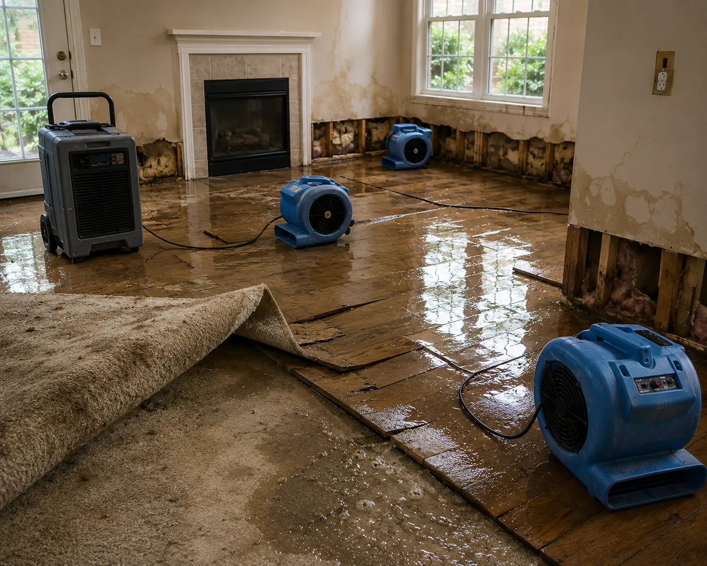 Water restoration technicians drying a damaged Seattle property